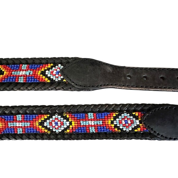 VTG Hand Beaded Leather Belt Silver Buckle 1991 Womens Size 30 Southwest Black - Picture 4 of 9